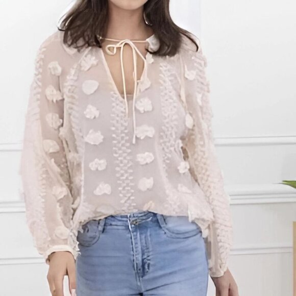 NEW Calypso St Barth Boho 3D Pom Floral Cream Semi Sheer Peasant Blouse Size L - Picture 1 of 9